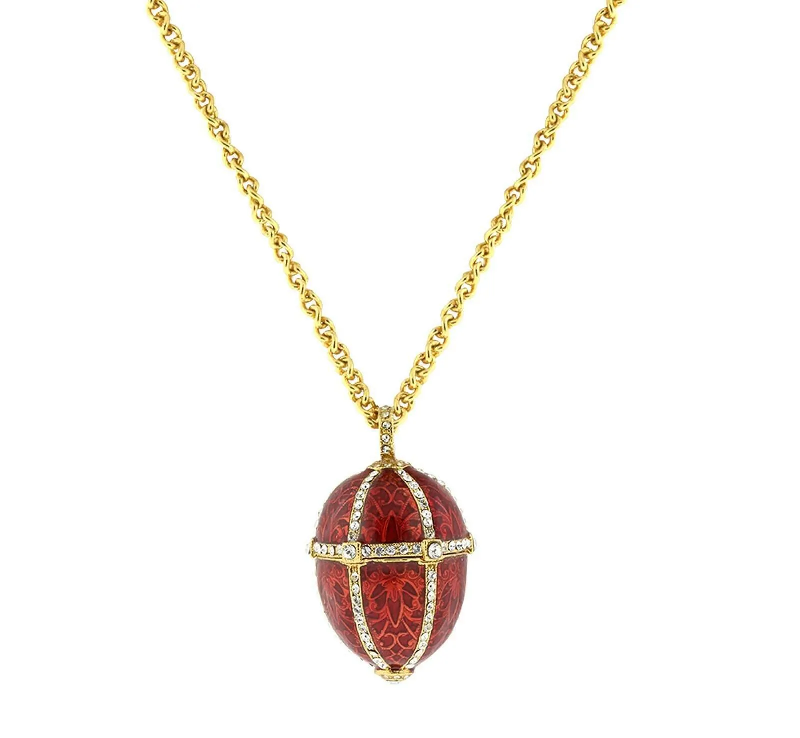 1928 Jewelry Trellis Red Enamel Rhinestone Egg Locket Necklace 30" 1928 Jewelry