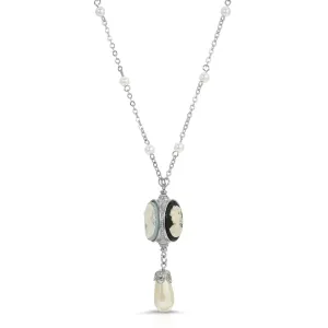 1928 Jewelry Triple Cameo Spinner Faux Pearl Drop Necklace 28"L 1928 Jewelry