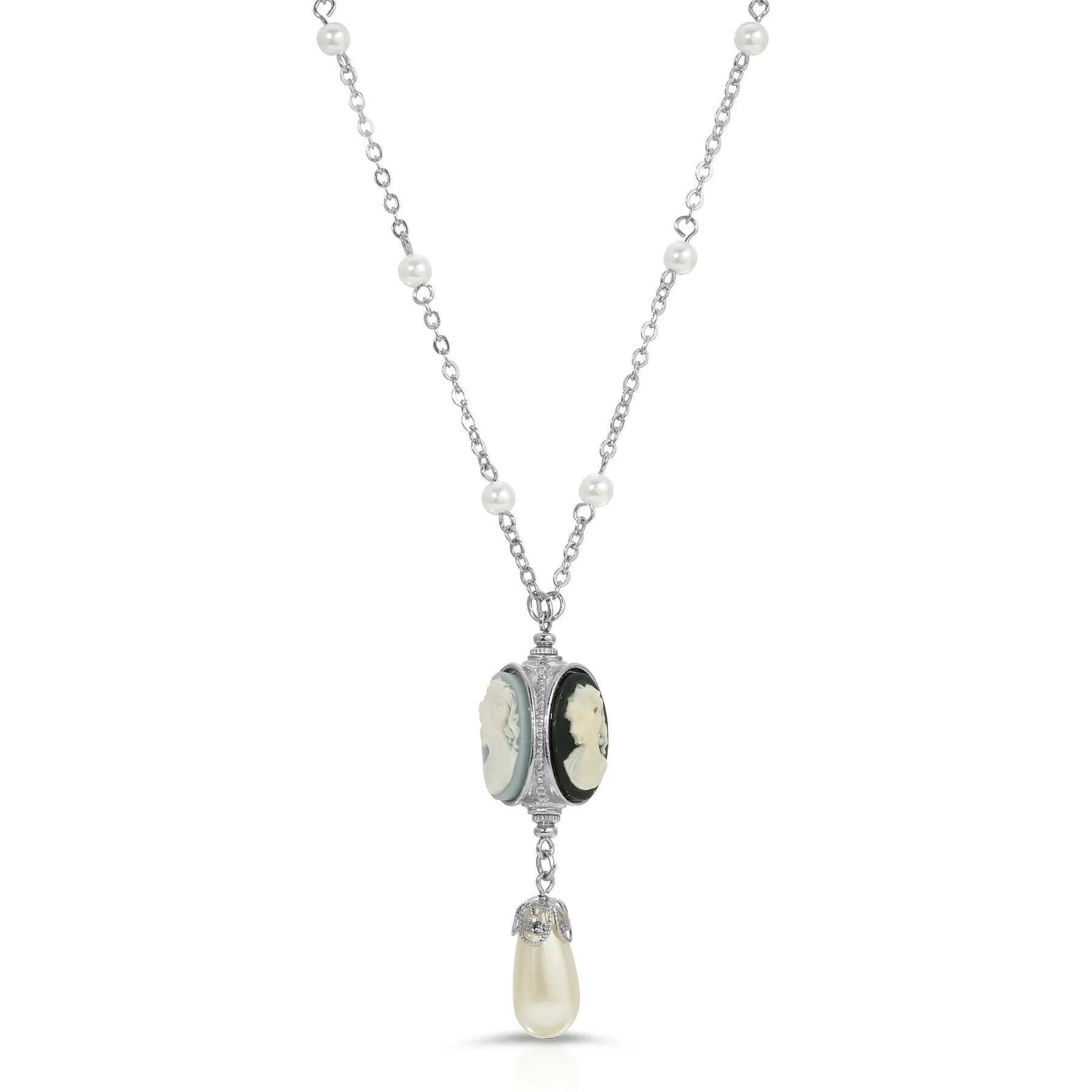 1928 Jewelry Triple Cameo Spinner Faux Pearl Drop Necklace 28"L 1928 Jewelry