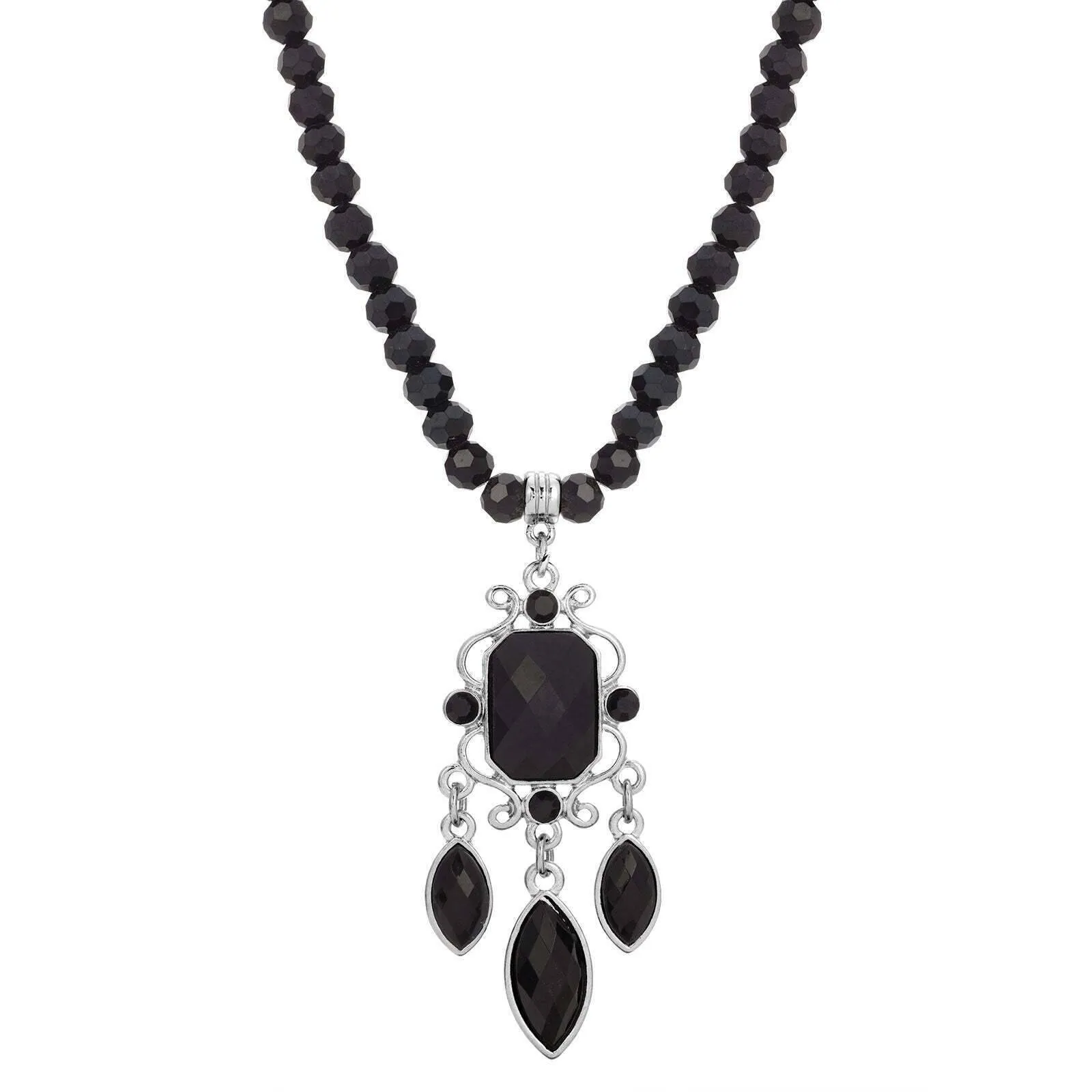 1928 Jewelry Triumphant Chandelier Black Strand Pendant Necklace 15"   3" Extender 1928 Jewelry
