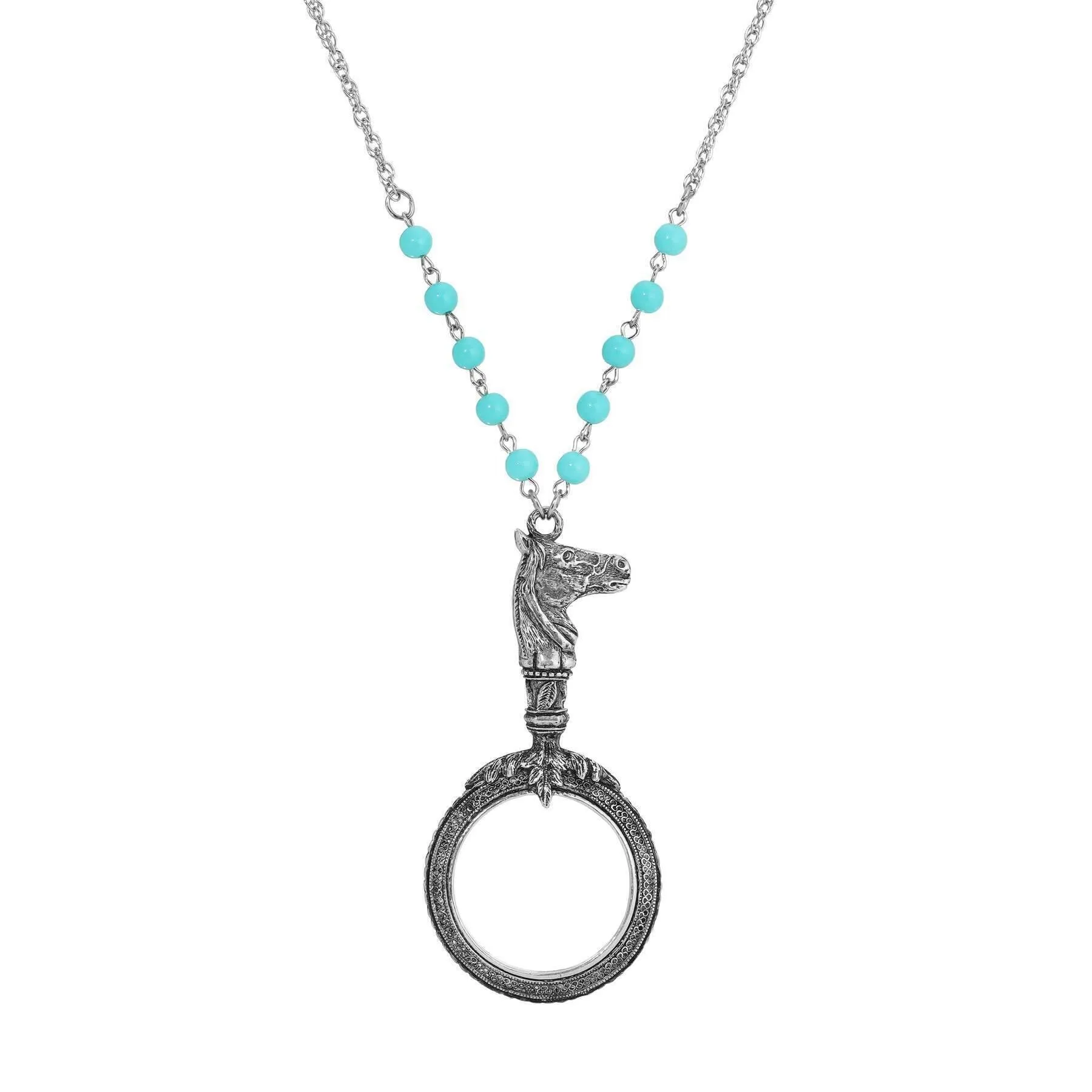 1928 Jewelry Turquoise Bead Equine Magnifying Glass Pendant Necklace 28"L - Magnification Power: 1-2X 1928 Jewelry