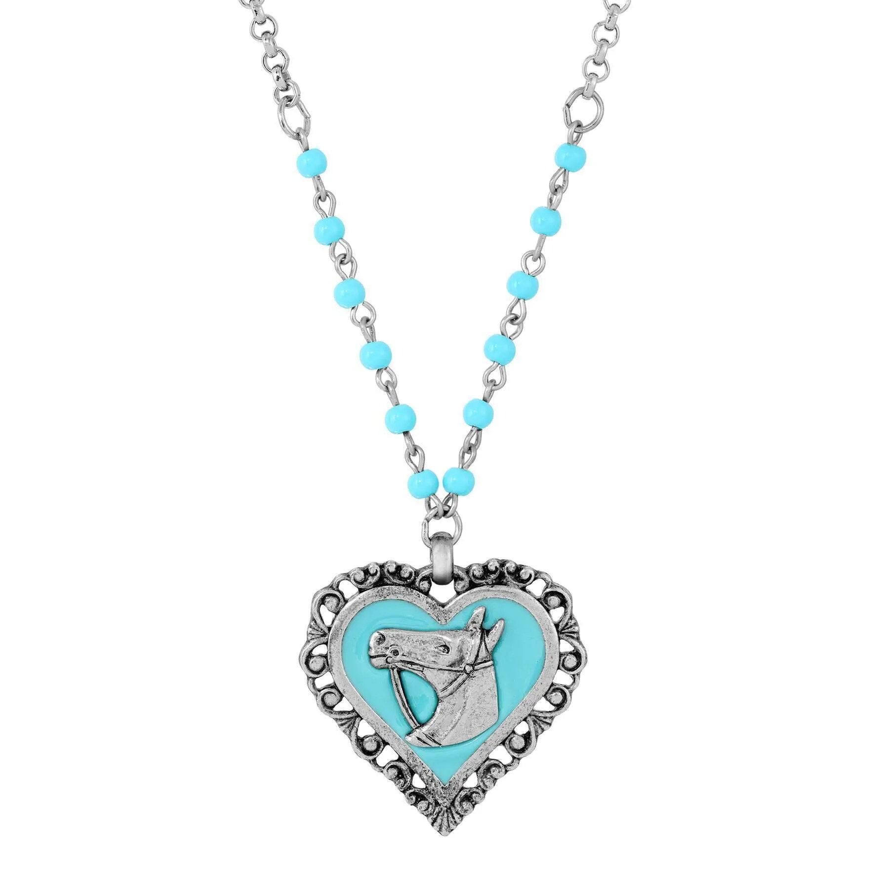 1928 Jewelry Turquoise Beaded Rolo Chain Filigree Heart Horse Pendant Necklace 18" 1928 Jewelry