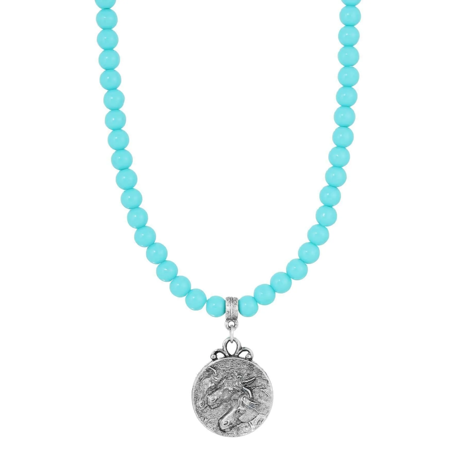 1928 Jewelry Turquoise Beaded Strand Horse Pendant Necklace 15"   3" Extender 1928 Jewelry