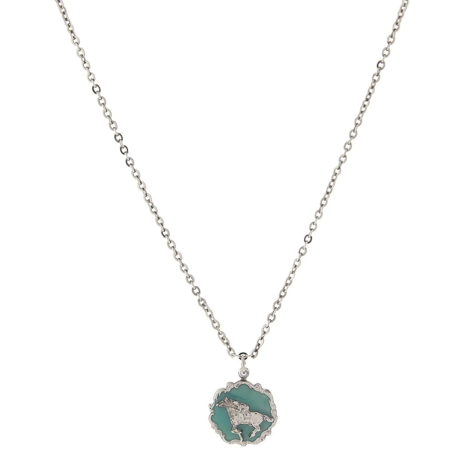 1928 Jewelry Turquoise Color Enamel Horse Pendant Necklace 16"   3" Extender 1928 Jewelry