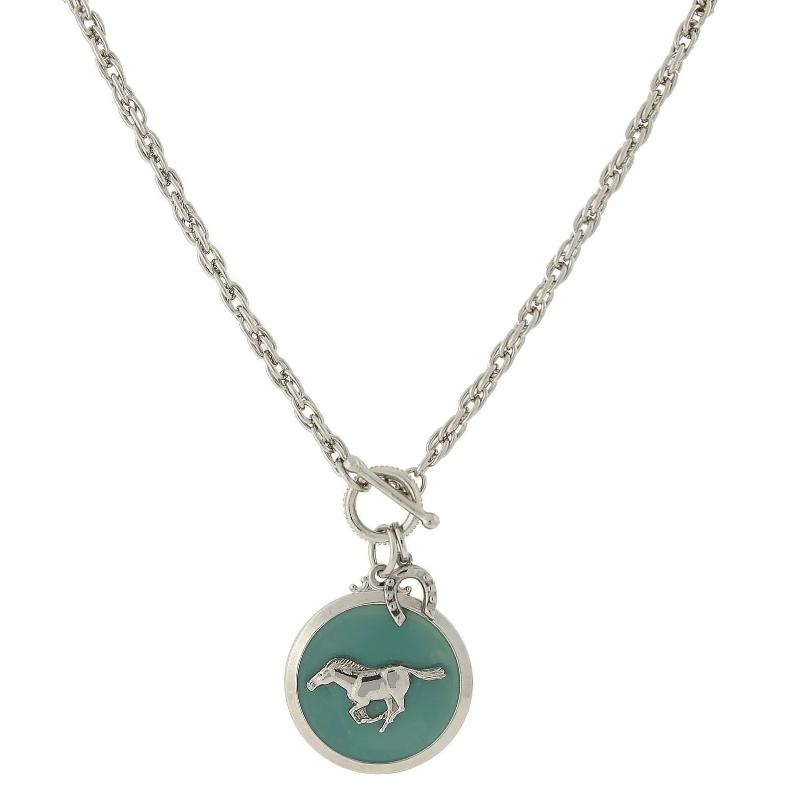 1928 Jewelry Turquoise Color Enamel Horse Pendant Toggle Necklace 18" 1928 Jewelry