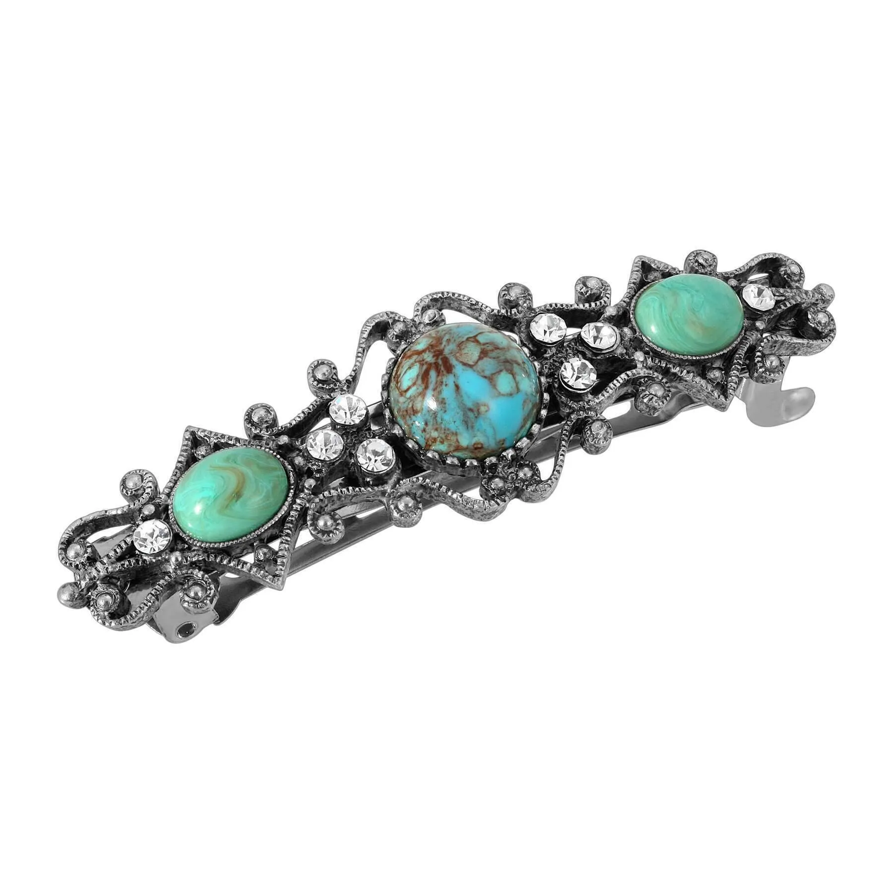 1928 Jewelry Turquoise Color Stones Crystal Hair Barrette 1928 Jewelry