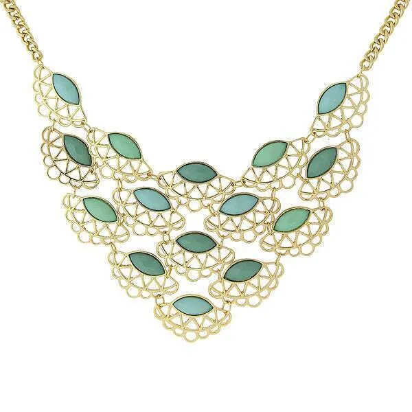 1928 Jewelry Turquoise Stone Filigree Bib Necklace 16"   3" Extension 1928 Jewelry