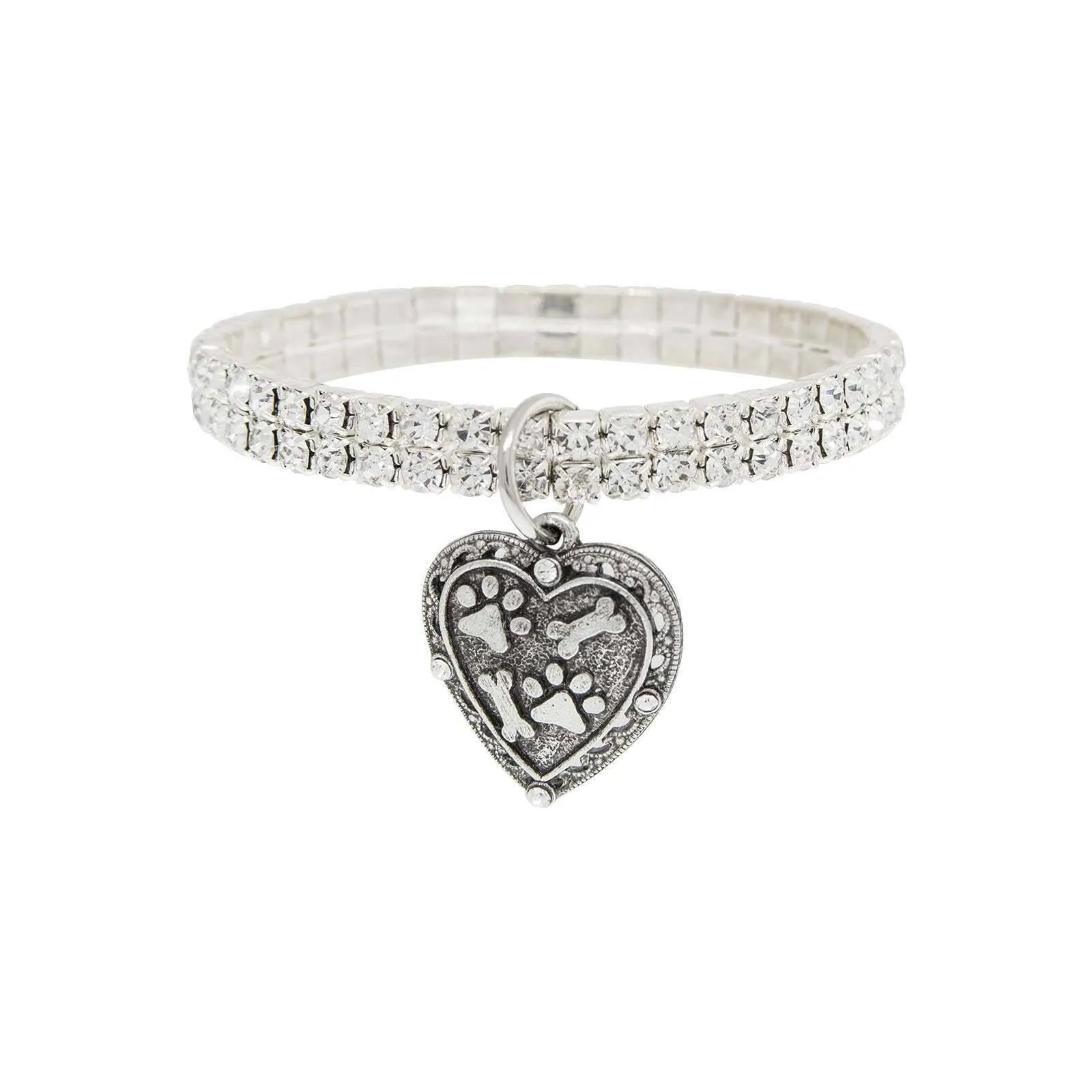 1928 Jewelry Two Row Rhinestone Crystal Stretch Bracelet With Paws And Bones Heart Charm 1928 Jewelry