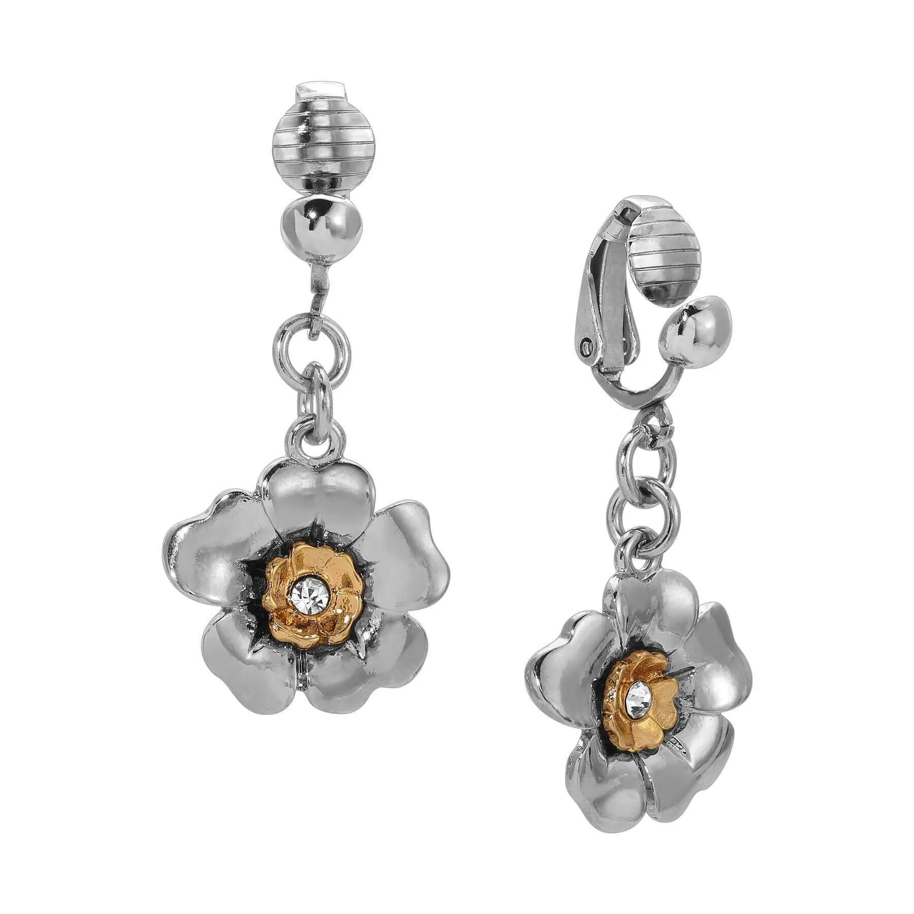 1928 Jewelry Two Tone Crystal Flower Clip Earrings 1928 Jewelry