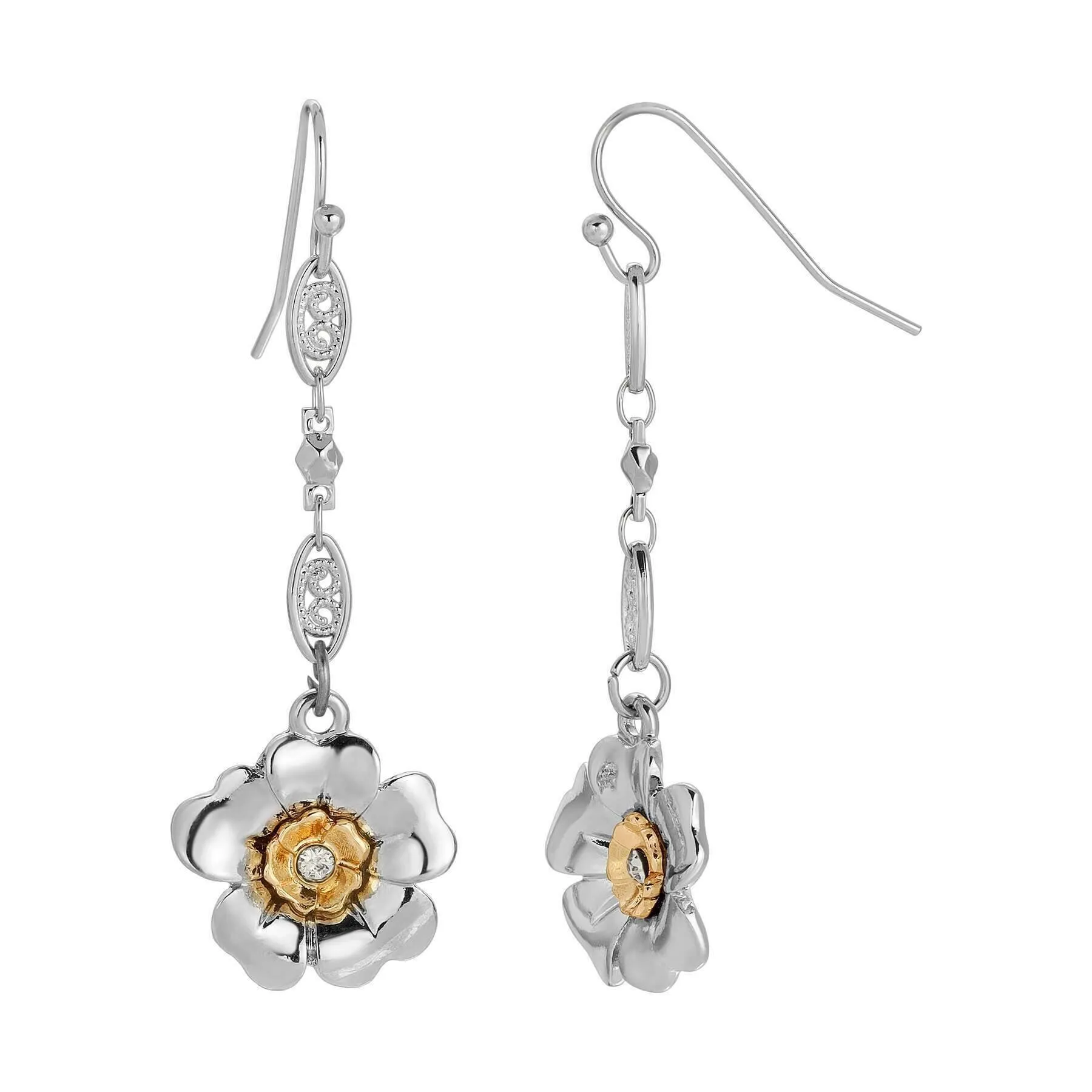 1928 Jewelry Two Tone Crystal Flower Filigree Link Clip Earrings 1928 Jewelry