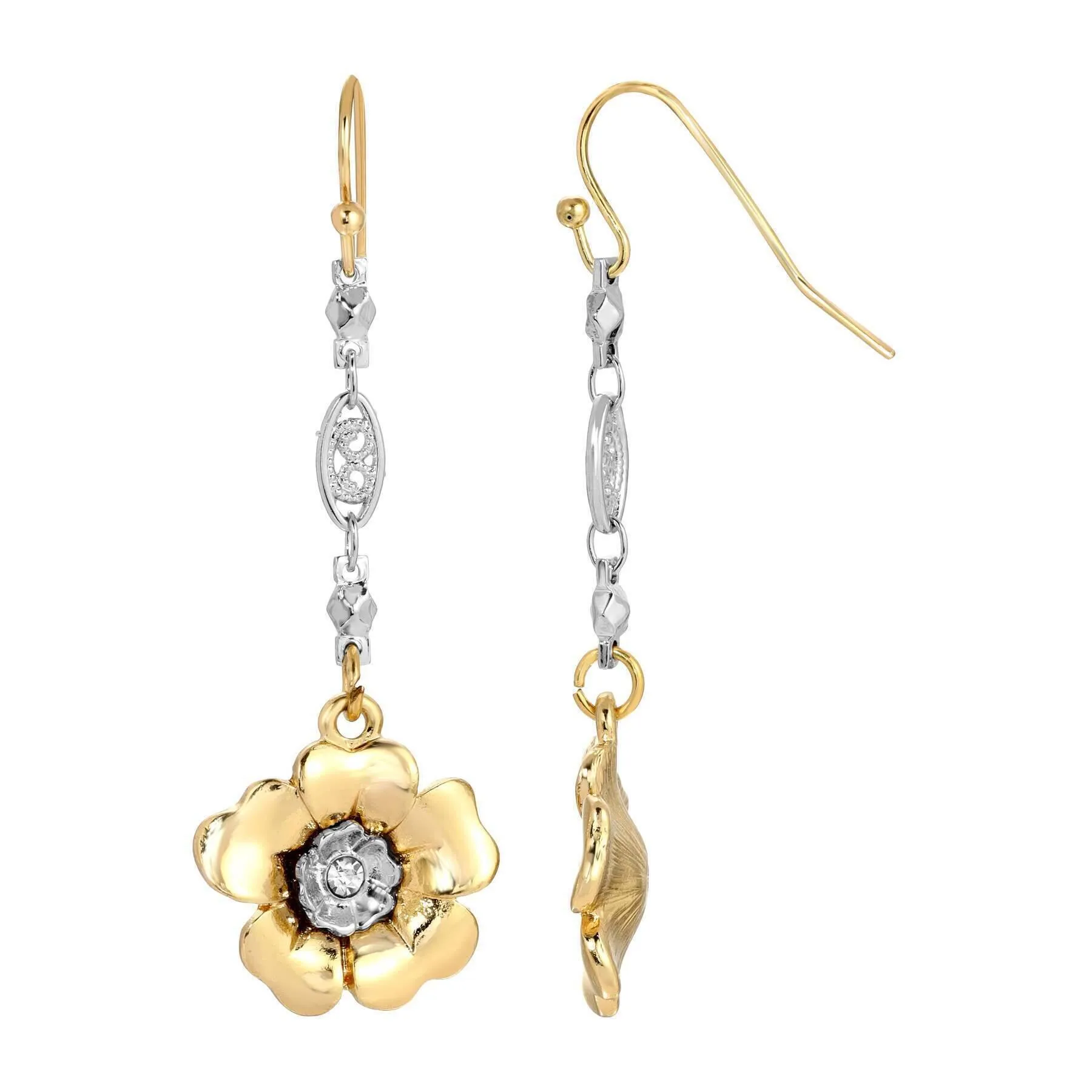 1928 Jewelry Two Tone Crystal Flower Filigree Link Clip Earrings 1928 Jewelry