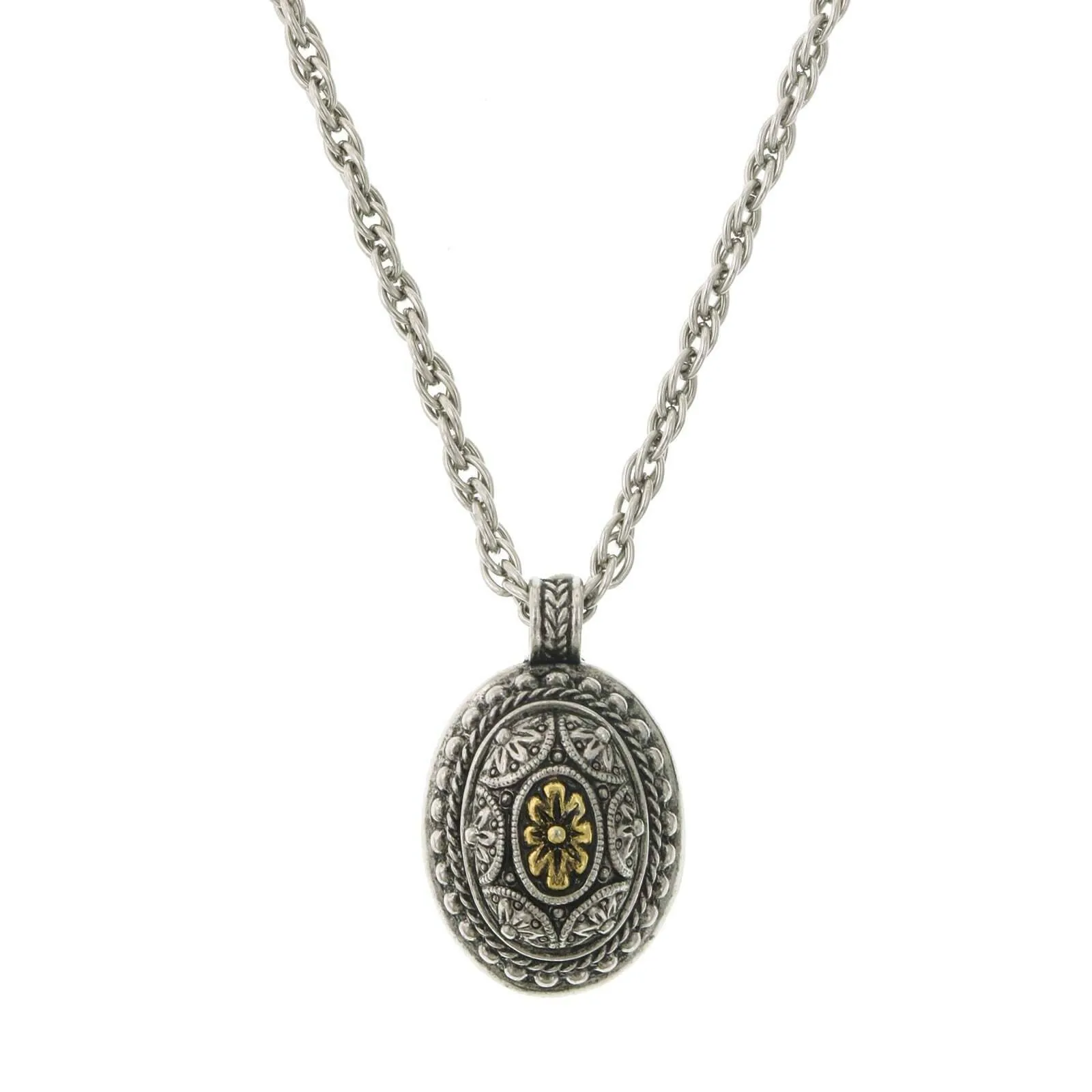 1928 Jewelry Two Tone Oval Flower Pendant Necklace 16"   3" Extender 1928 Jewelry