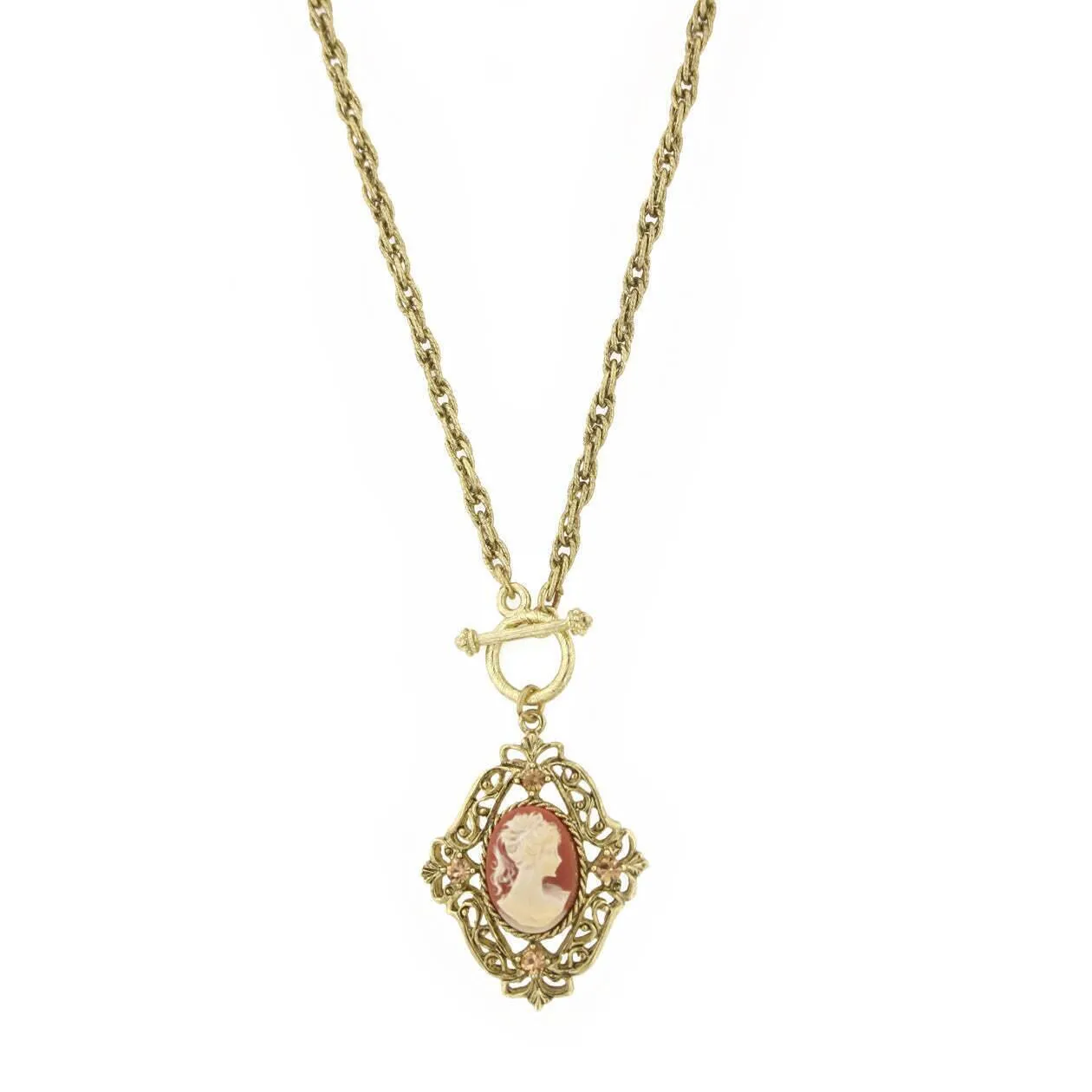 1928 Jewelry Victorian Filigree Crystal Cameo Pendant Necklace 26" 1928 Jewelry