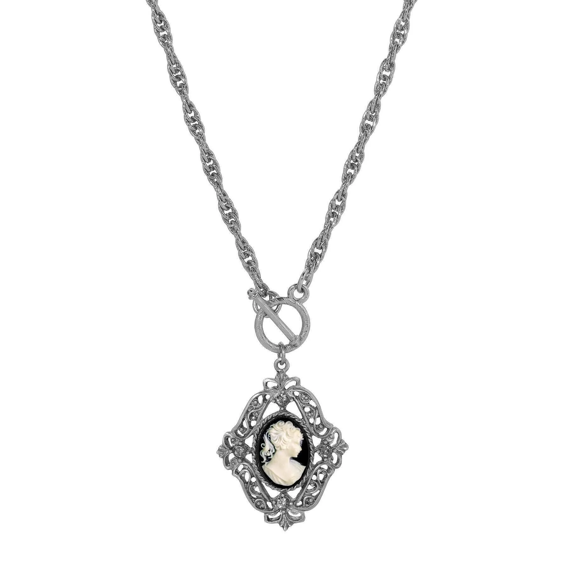 1928 Jewelry Victorian Filigree Crystal Cameo Pendant Necklace 26" 1928 Jewelry
