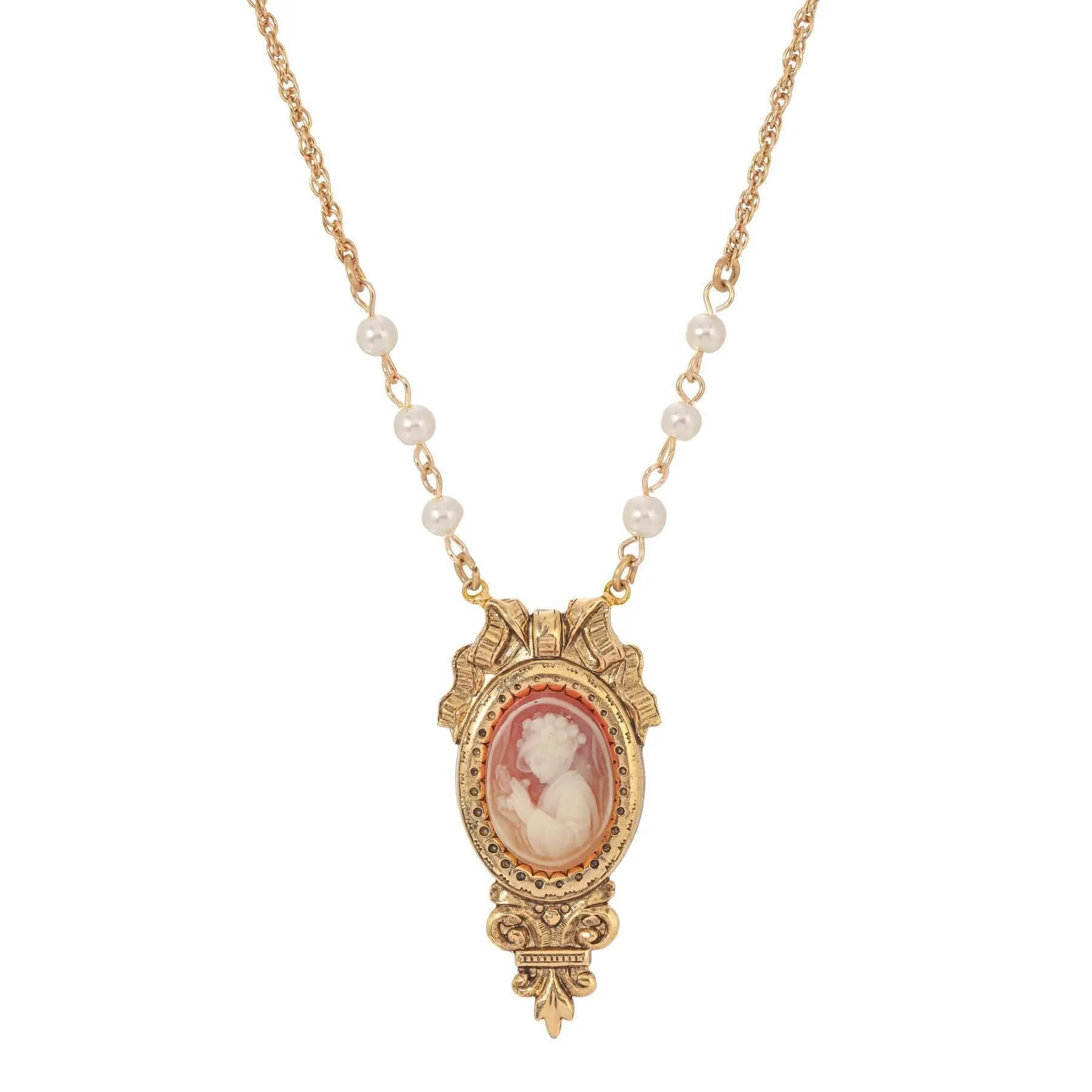 1928 Jewelry Victorian Reflections Carnelian & Ivory Cameo Faux Pearl Accent Necklace 18" 1928 Jewelry