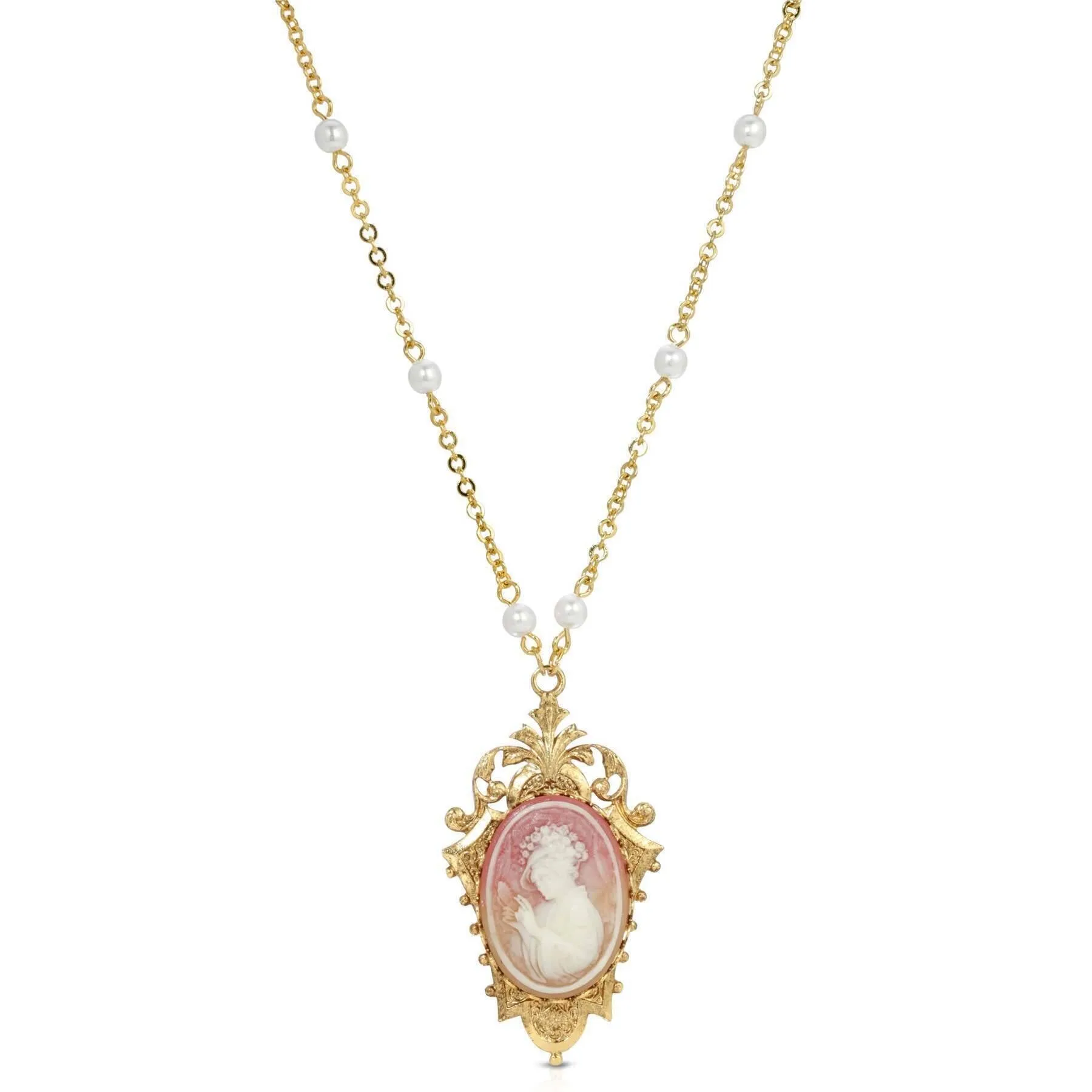 1928 Jewelry Victorian Reflections Carnelian & Ivory Cameo Faux Pearl Accent Necklace 24" 1928 Jewelry