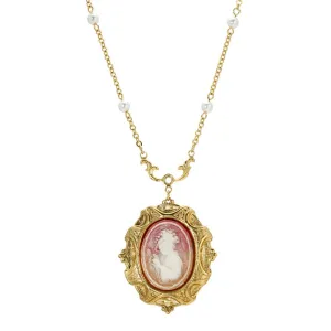 1928 Jewelry Victorian Reflections Carnelian & Ivory Cameo Pendant Faux Pearl Necklace 16"   3" Extender 1928 Jewelry