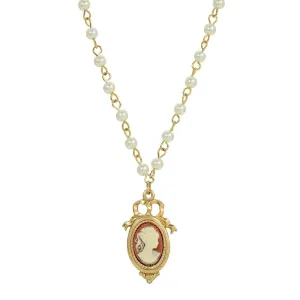 1928 Jewelry Victorian Style White Faux Pearl Chain Oval Cameo Pendant Necklace 15"   3" Extender 1928 Jewelry