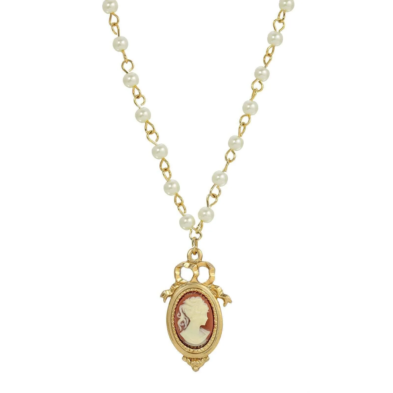 1928 Jewelry Victorian Style White Faux Pearl Chain Oval Cameo Pendant Necklace 15"   3" Extender 1928 Jewelry
