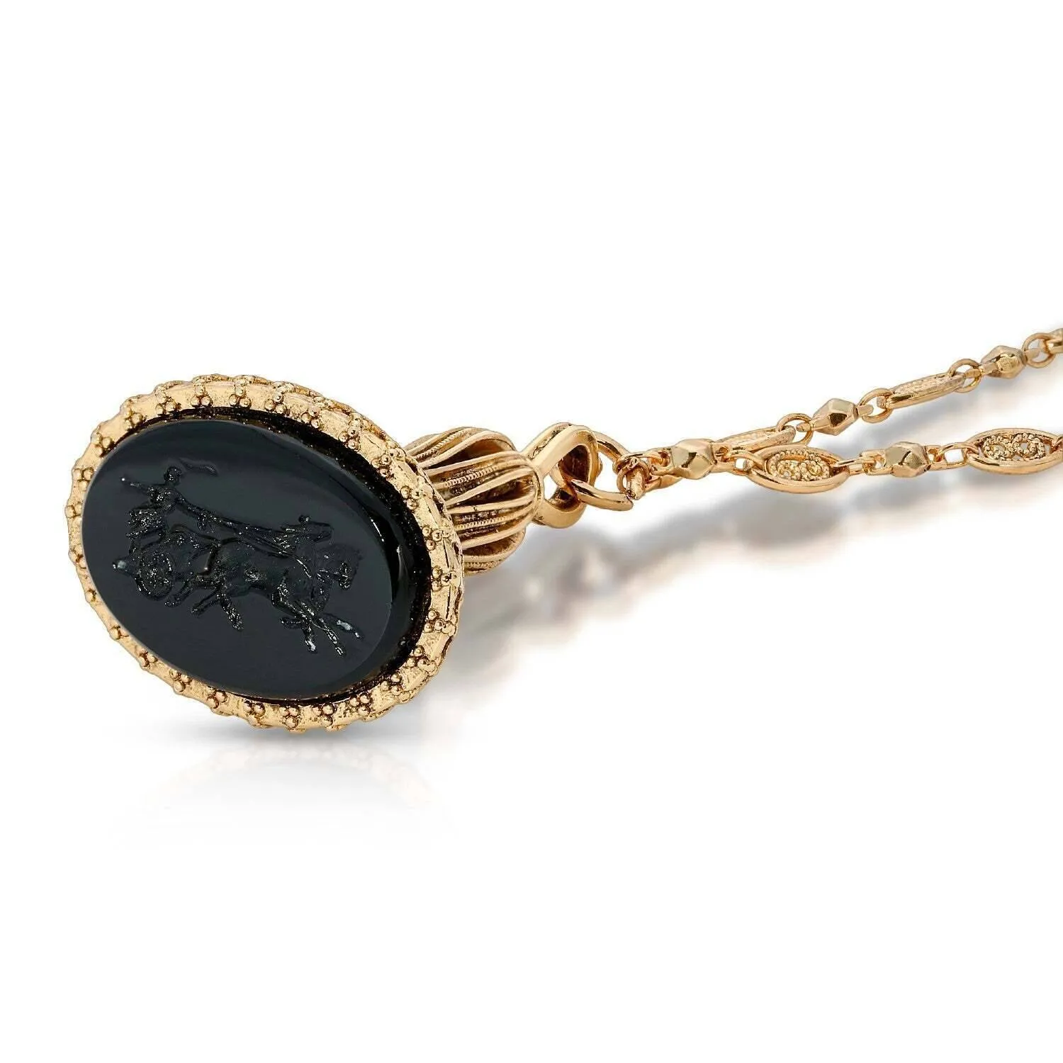 1928 Jewelry Victory Chariot Black Oval Glass Pendant Necklace 30" 1928 Jewelry