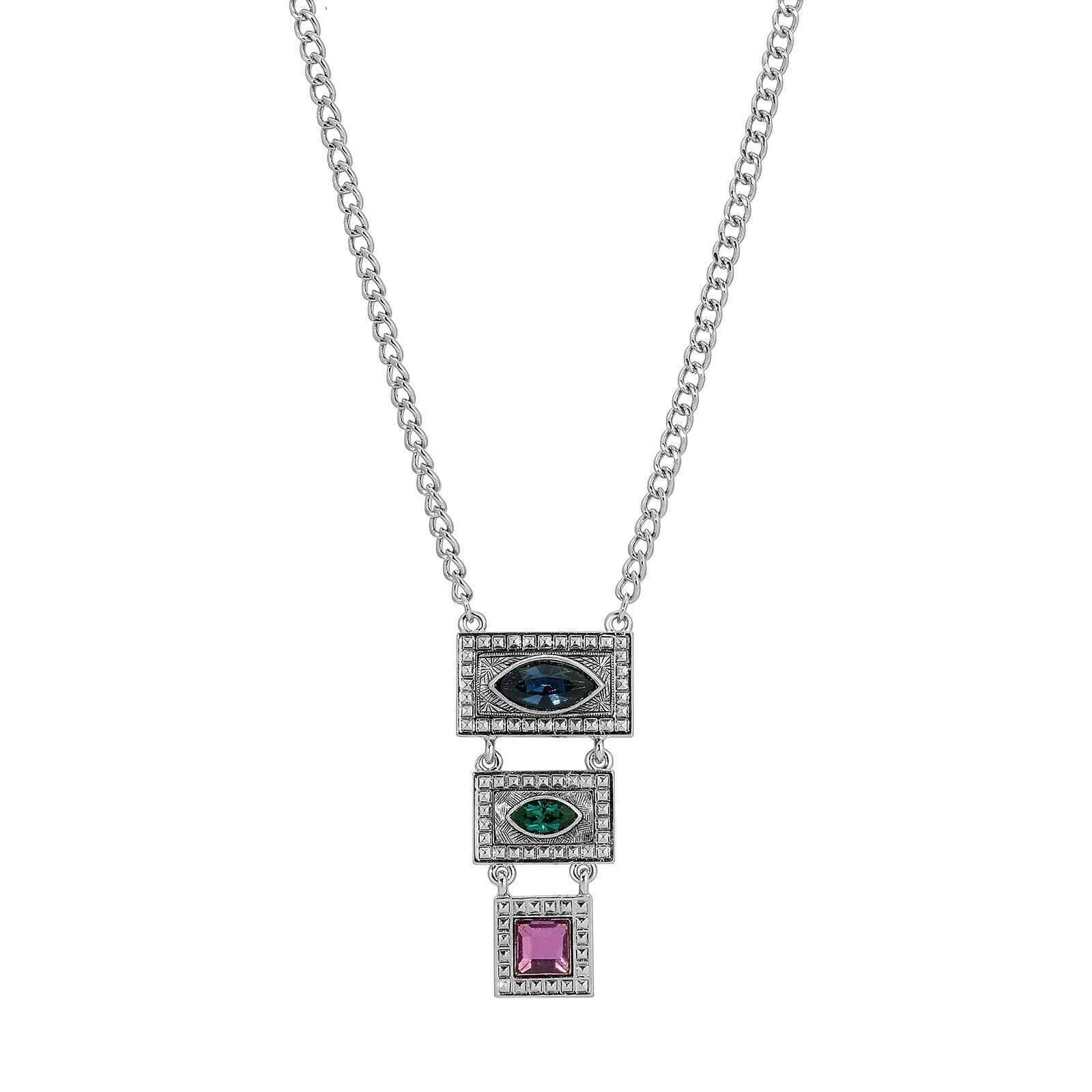 1928 Jewelry Vivida Multi Austrian Crystal Linear Drop Pendant Necklace 16"   3" Extender 1928 Jewelry