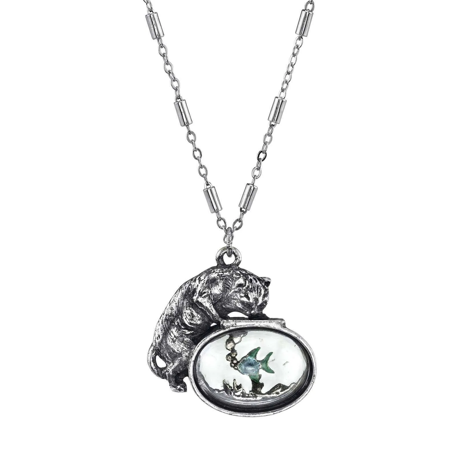 1928 Jewelry Whimsical Cat & Blue and Green Fish Pendant Necklace 30" 1928 Jewelry