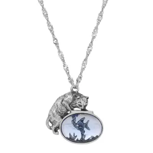 1928 Jewelry Whimsical Cat & Blue Fish Pendant Necklace 18" 1928 Jewelry