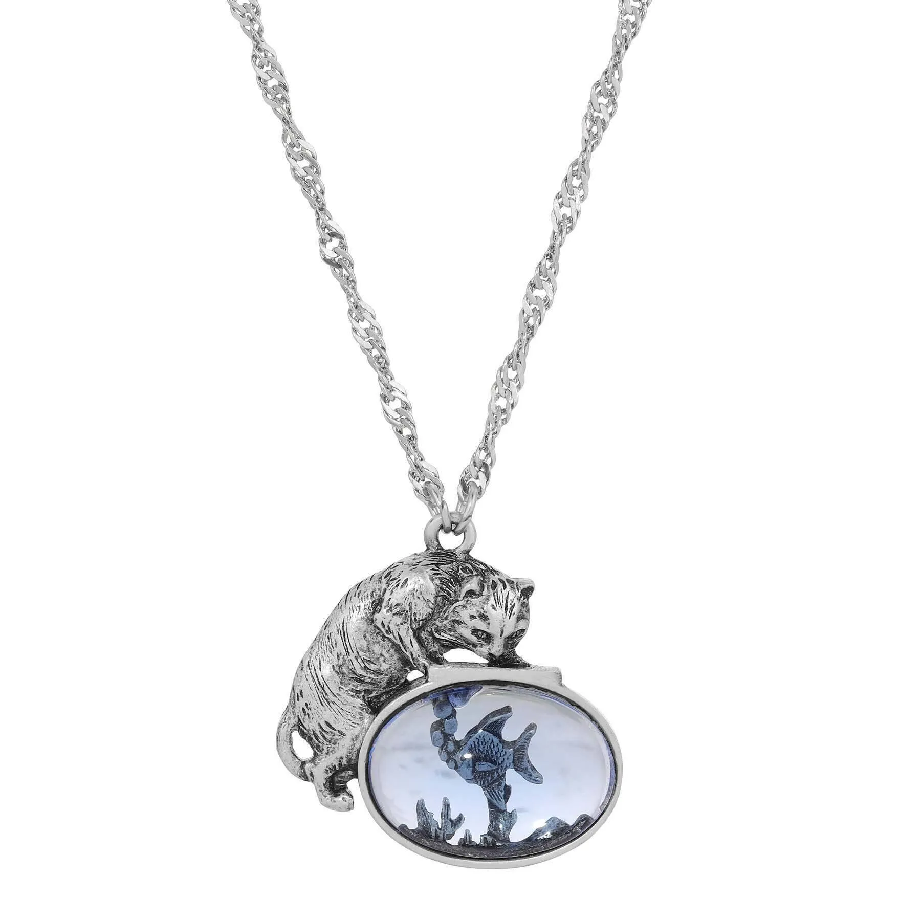 1928 Jewelry Whimsical Cat & Blue Fish Pendant Necklace 18" 1928 Jewelry