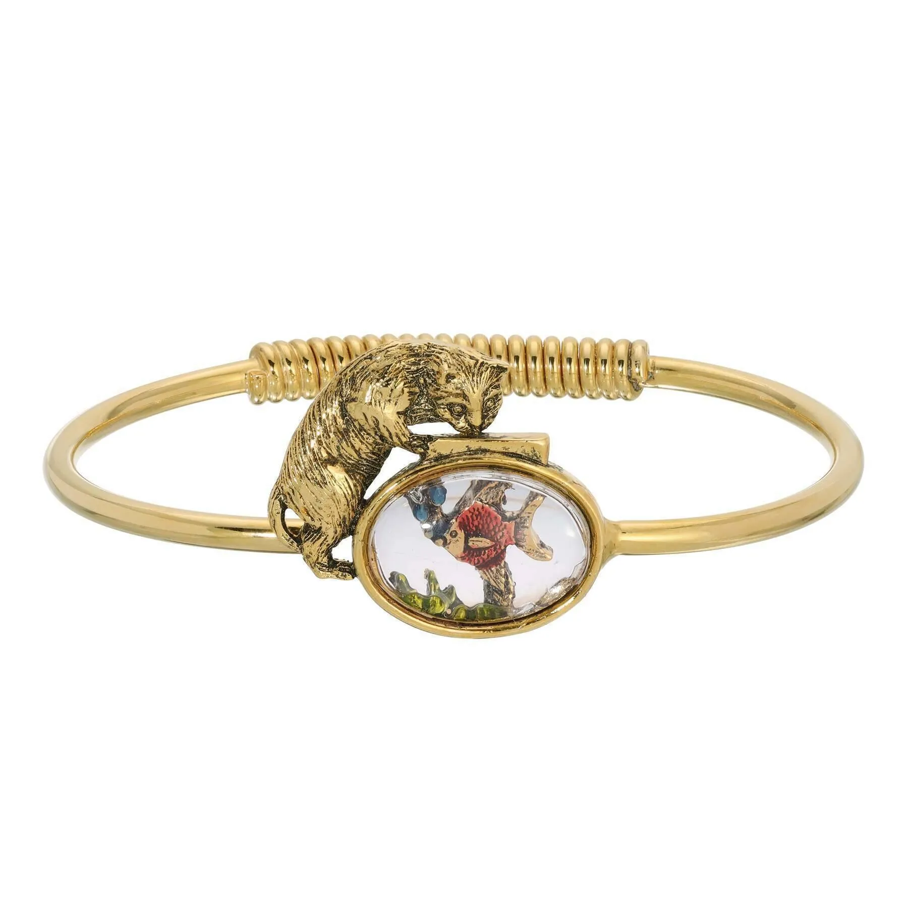 1928 Jewelry Whimsical Cat & Fish Bowl Spring Hinge Bracelet 1928 Jewelry