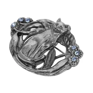 1928 Jewelry Whimsical Cat & Floral Vine Light Sapphire Blue Crystal Pin 1928 Jewelry