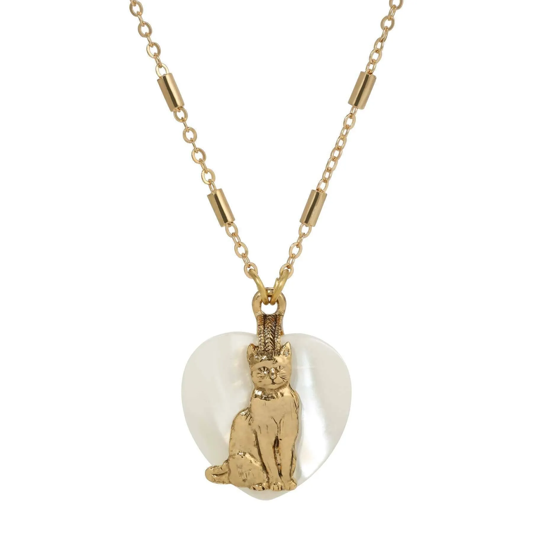 1928 Jewelry Whimsical Cat Mother Of Pearl Heart Pendant Necklace 18" 1928 Jewelry
