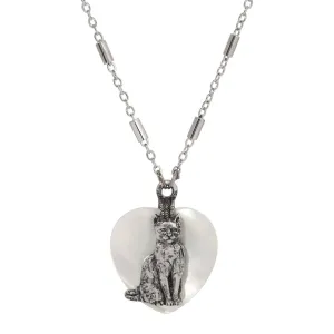 1928 Jewelry Whimsical Cat Mother Of Pearl Heart Pendant Necklace 18" 1928 Jewelry