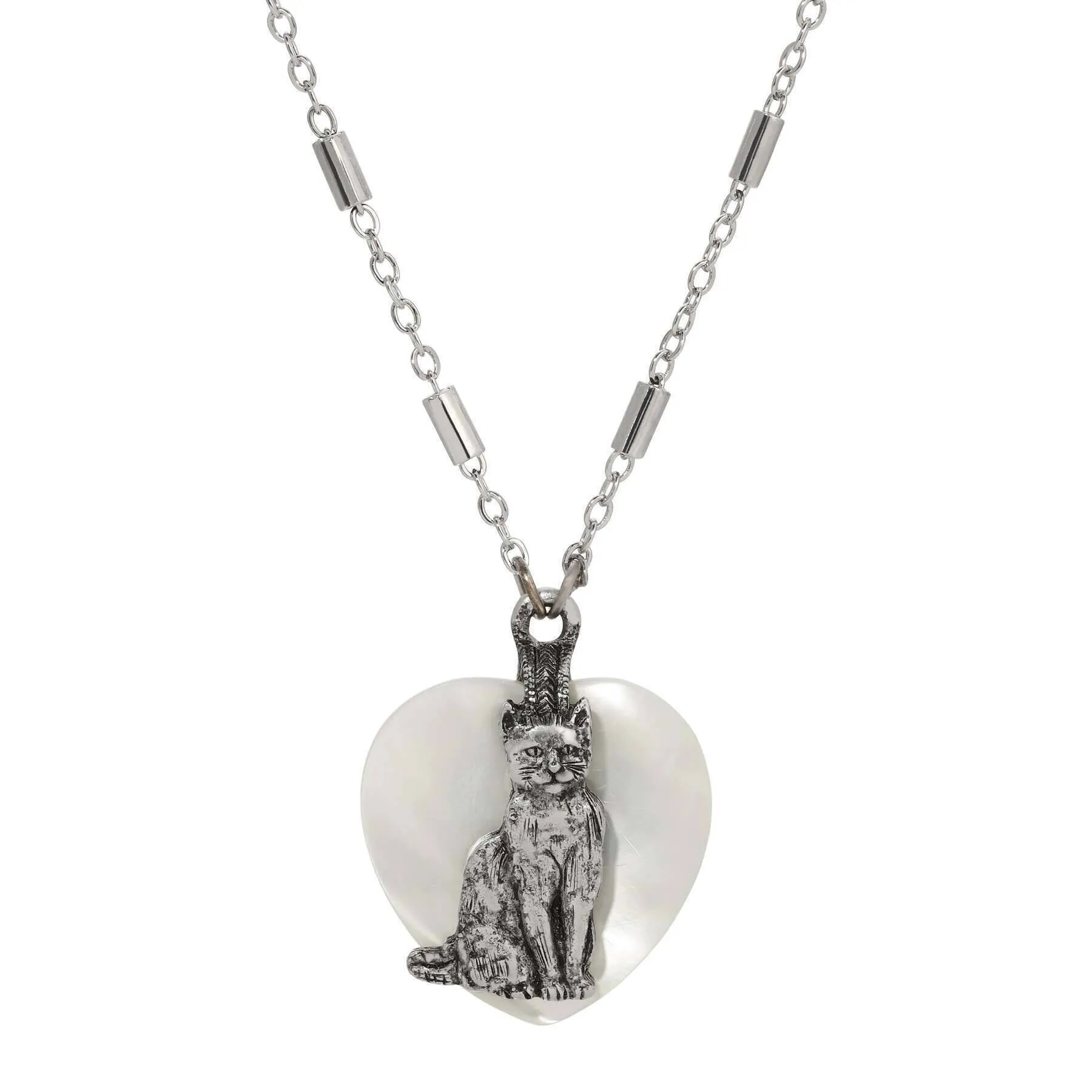 1928 Jewelry Whimsical Cat Mother Of Pearl Heart Pendant Necklace 18" 1928 Jewelry