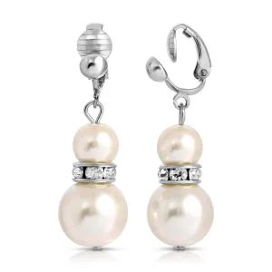 1928 Jewelry White Double Drop Faux Pearl Clip On Earrings 1928 Jewelry