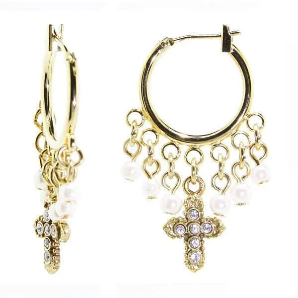 1928 Jewelry White Faux Pearl And Crystal Cross Hoop Drop Earrings 1928 Jewelry