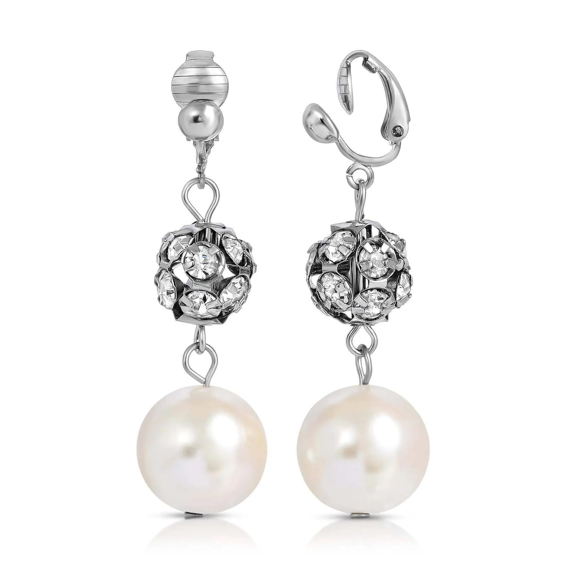 1928 Jewelry White Faux Pearl And Crystal Fireball Drop Clip On Earrings 1928 Jewelry