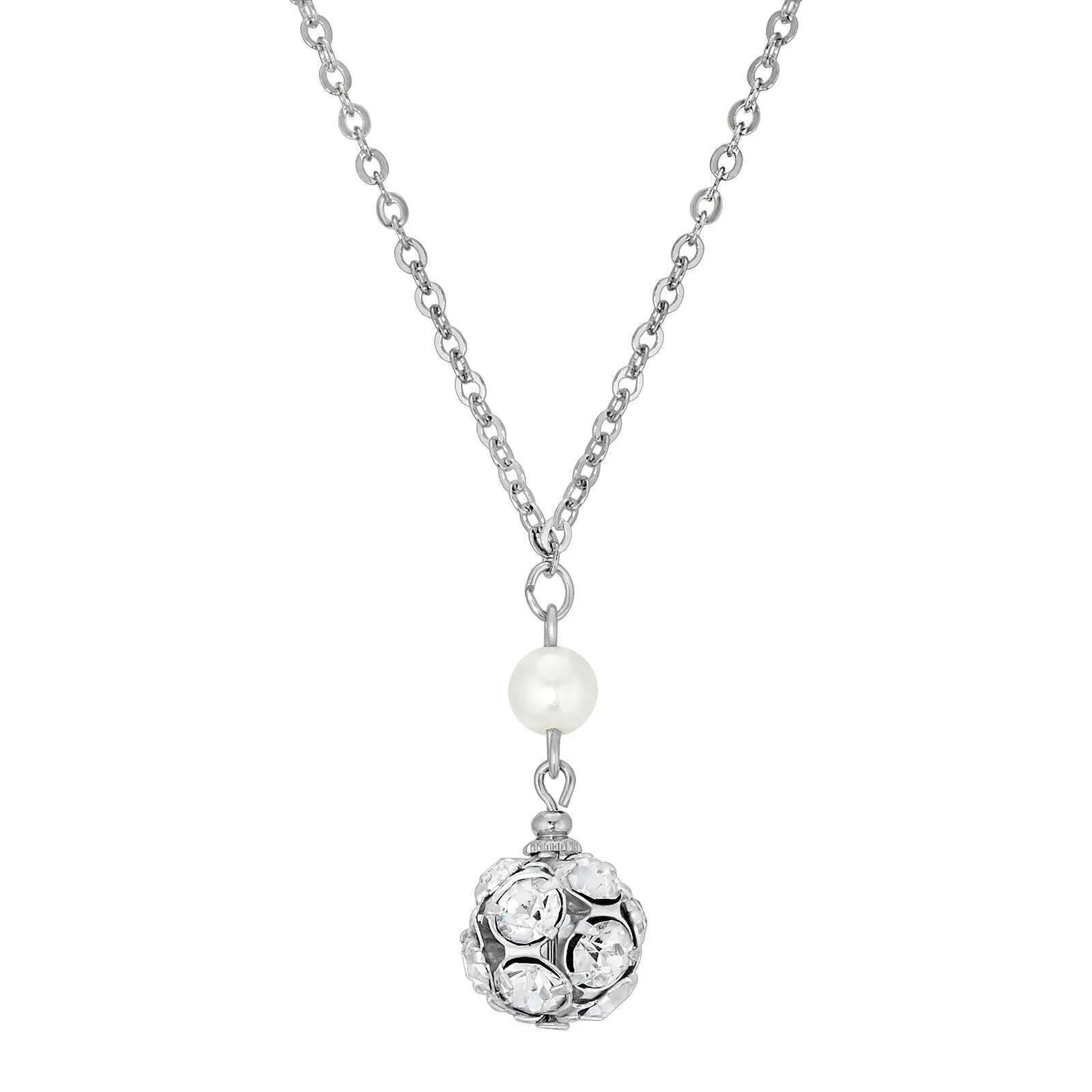 1928 Jewelry White Faux Pearl And Crystal Fireball Drop Necklace 16"   3" Extender 1928 Jewelry