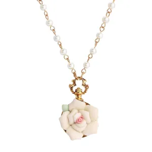 1928 Jewelry White Garden Porcelain Rose Faux Pearl Necklace 16"   3" Extender 1928 Jewelry