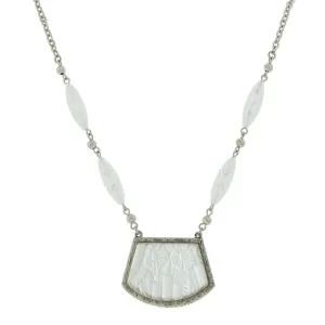 1928 Jewelry White Lalique Frosted Glass Flower Stone Pendant Necklace 16"   3" Extender 1928 Jewelry