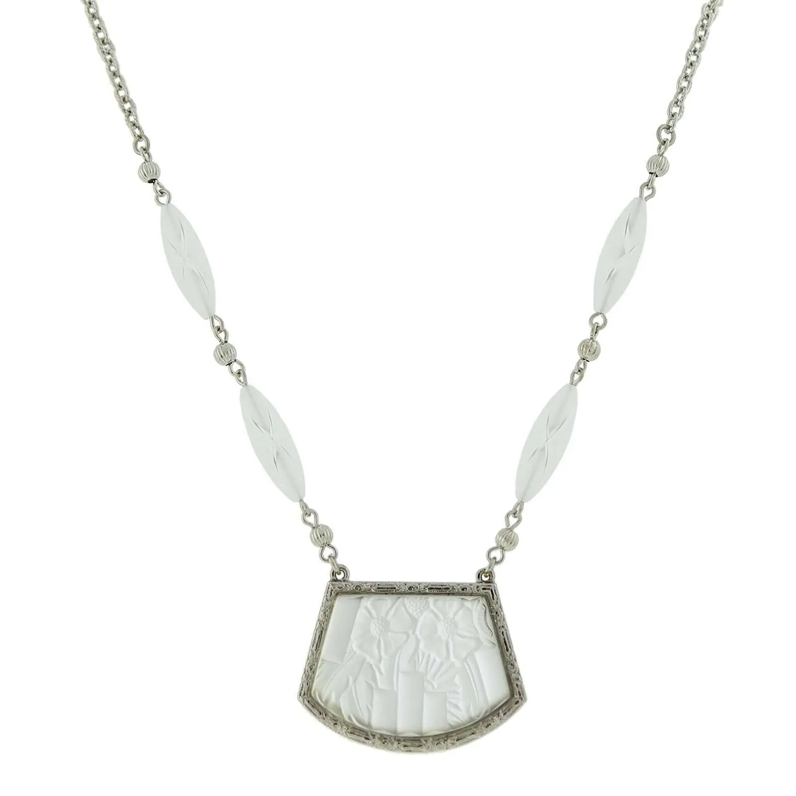1928 Jewelry White Lalique Frosted Glass Flower Stone Pendant Necklace 16"   3" Extender 1928 Jewelry