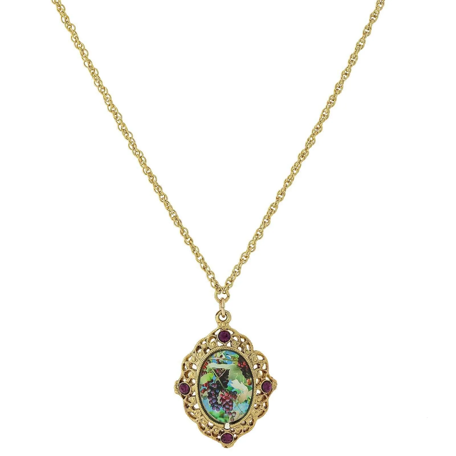 1928 Jewelry Winery Grapes Decal Purple Accent Filigree Pendant Necklace 16"   3" Extender 1928 Jewelry