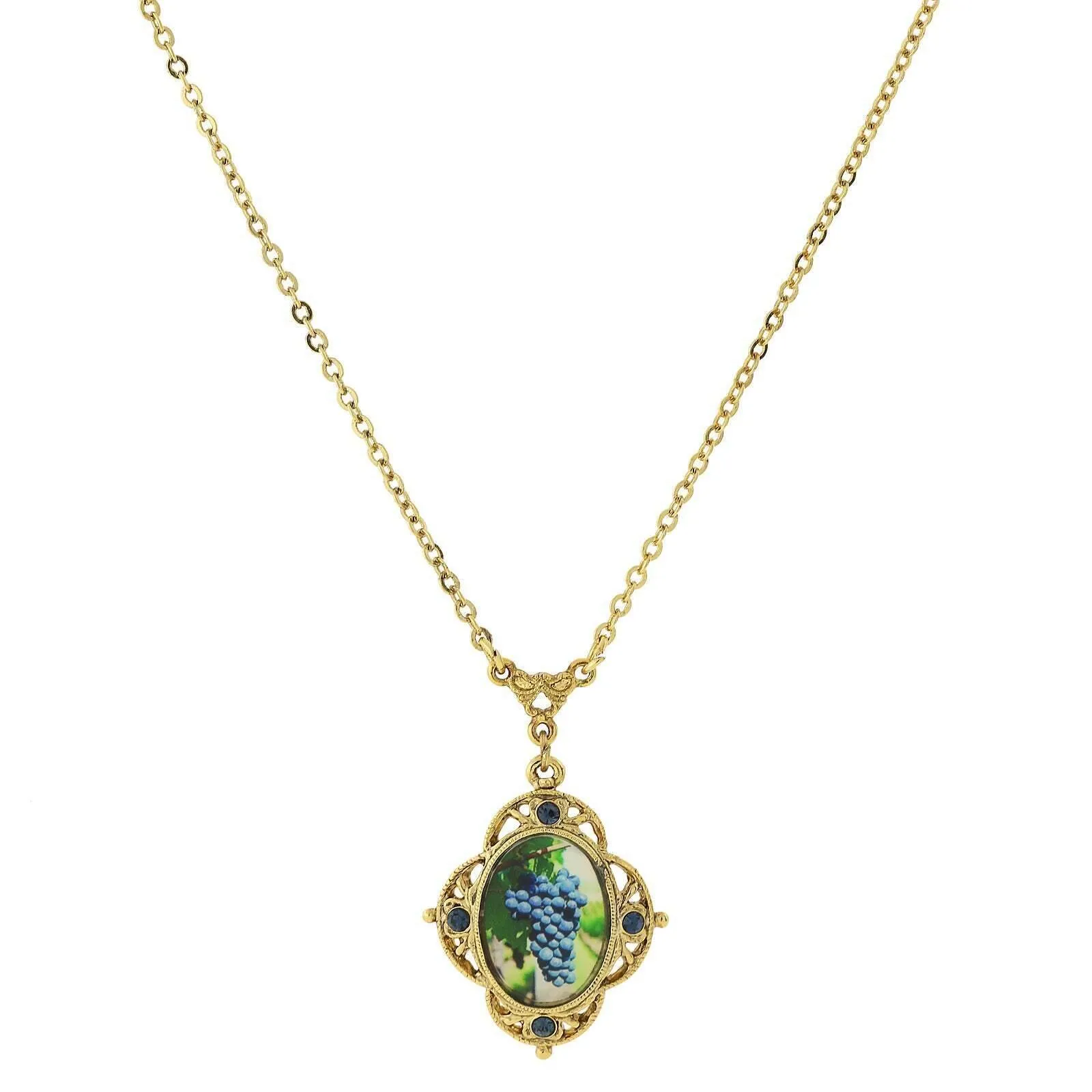 1928 Jewelry Winery Montana Blue Accent Purple Grapes Decal Pendant Necklace 16"   3" Extender 1928 Jewelry