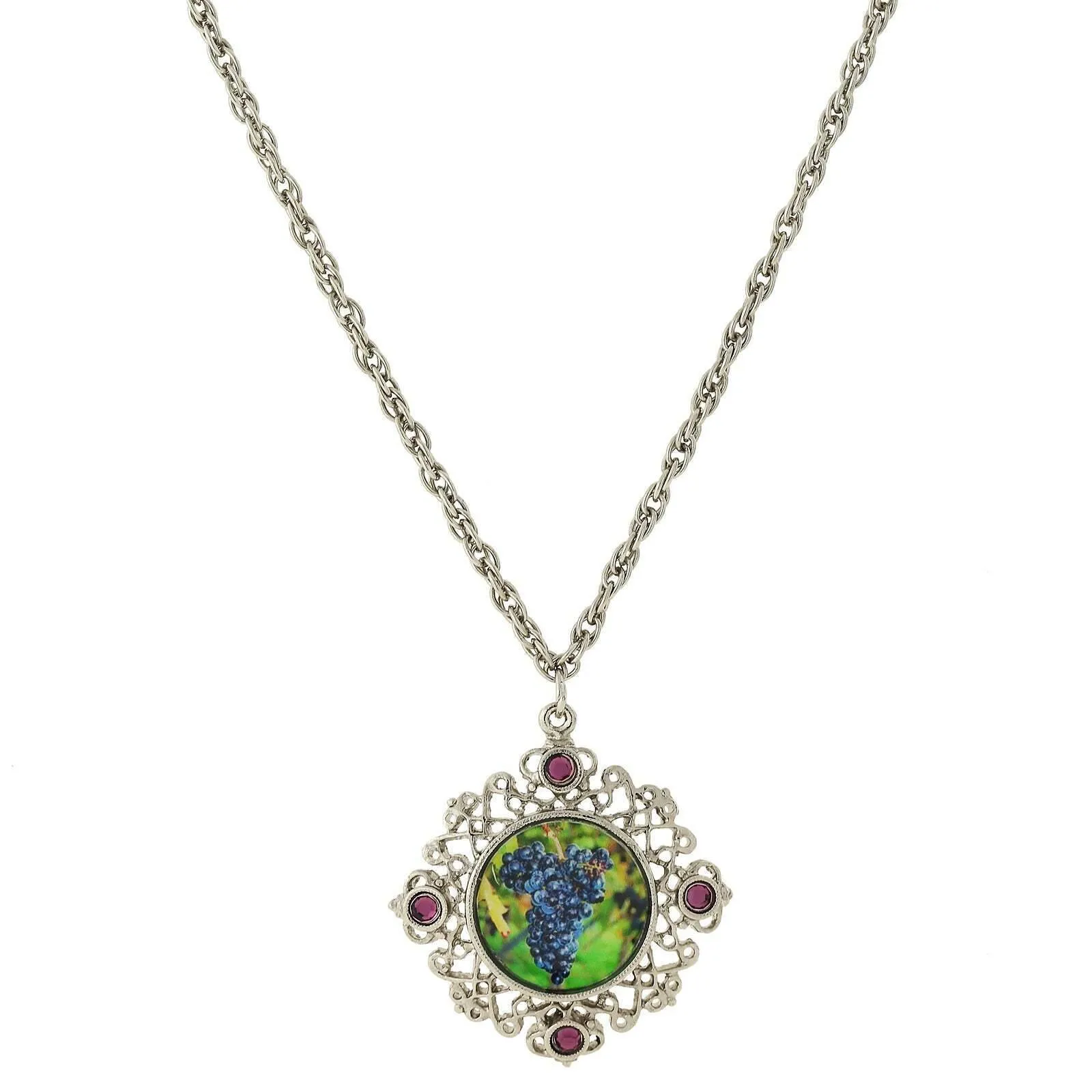 1928 Jewelry Winery Purple Grapes Decal And Filigree Pendant Necklace 16"   3" Extender 1928 Jewelry