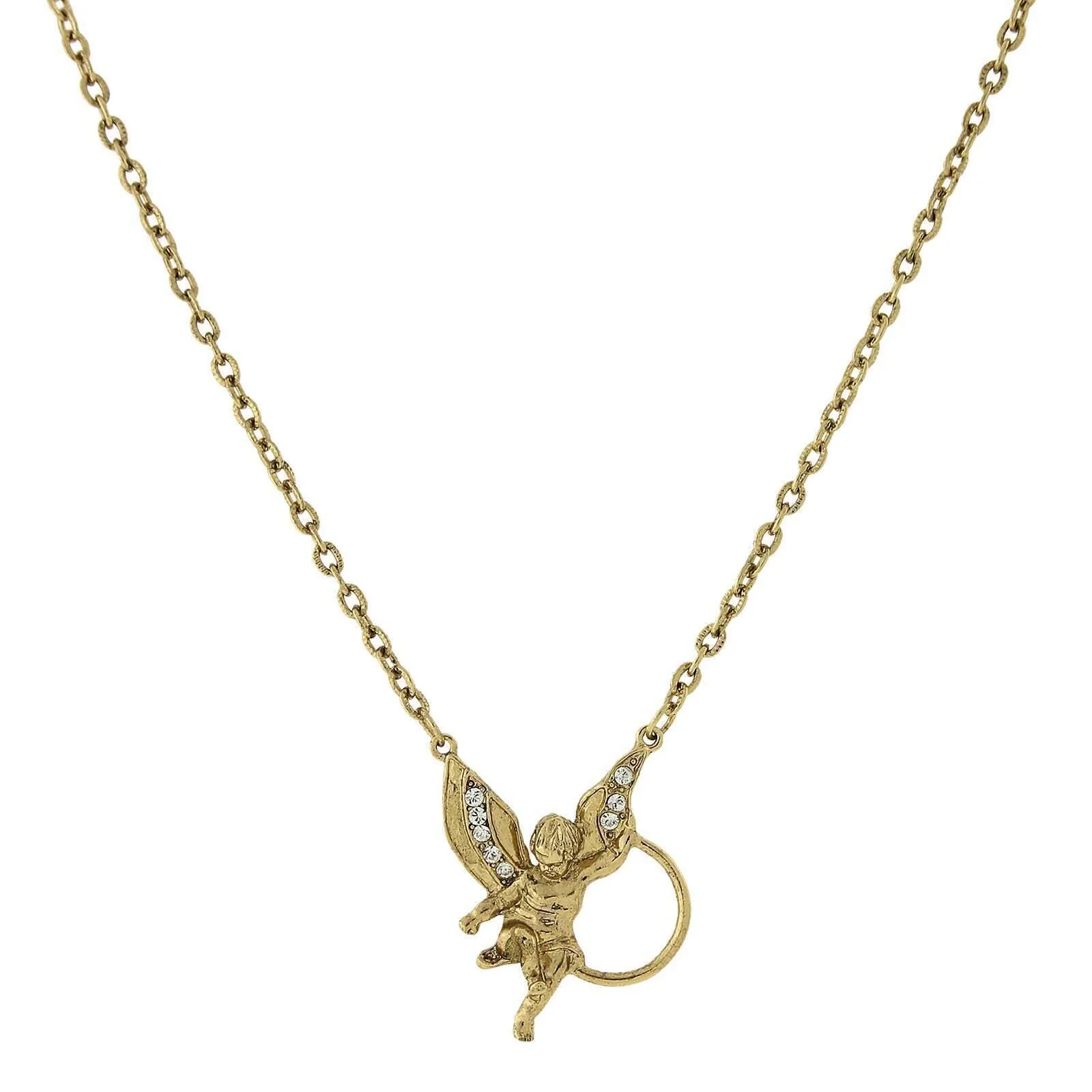 1928 Jewelry Winged Angel Rhinestone Badge & Eyeglass Holder Chain Necklace 28" 1928 Jewelry