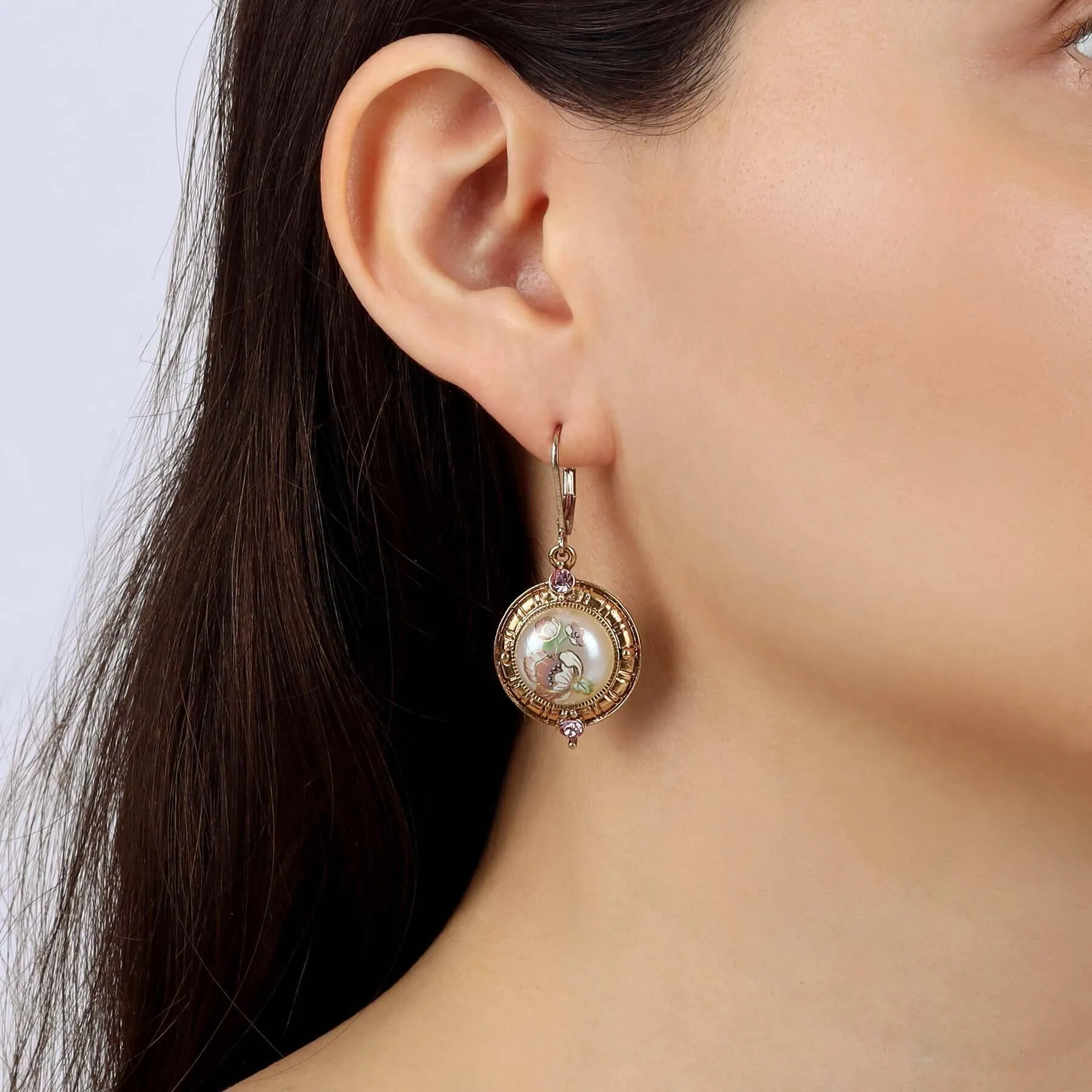 1928j Jewelry Light Rose Pink Crystal & Faux Pearl Pink Flower Decal Drop Earrings 1928 Jewelry