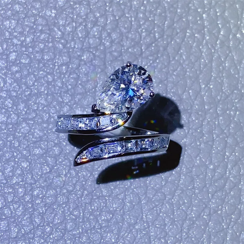 925 Sterling Silver Jewelry 3 Carat Moissanite Zircon 925 Sterling Silver Bypass Ring