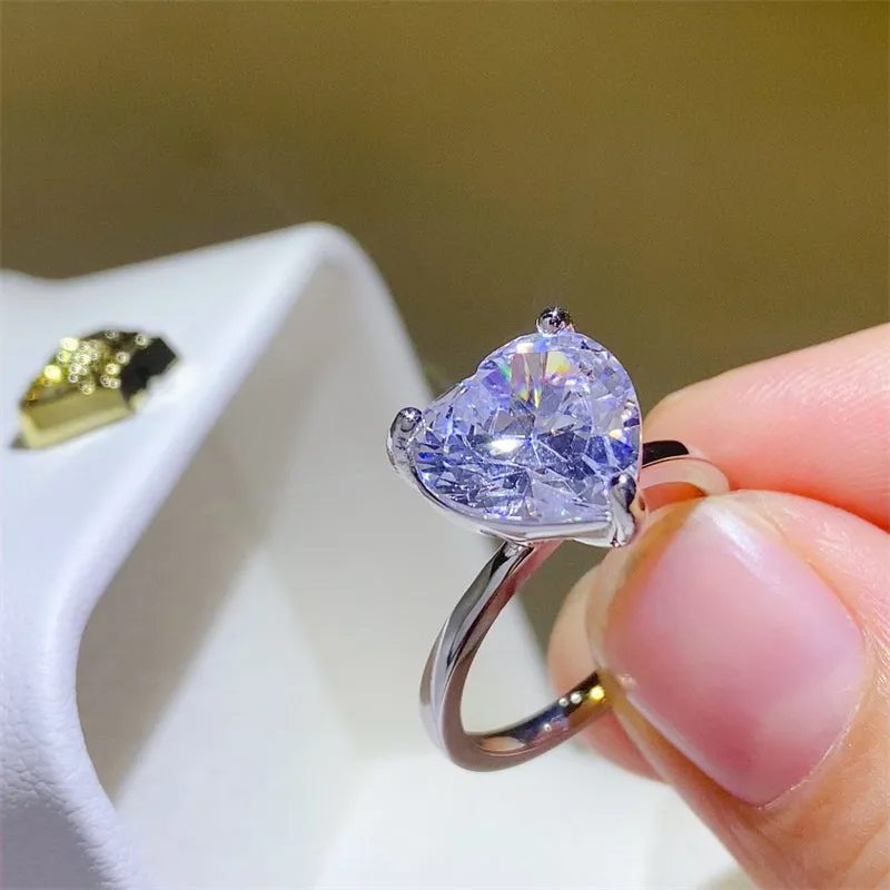 925 Sterling Silver Jewelry 5 Carat 925 Sterling Silver Moissanite Heart Shape Ring