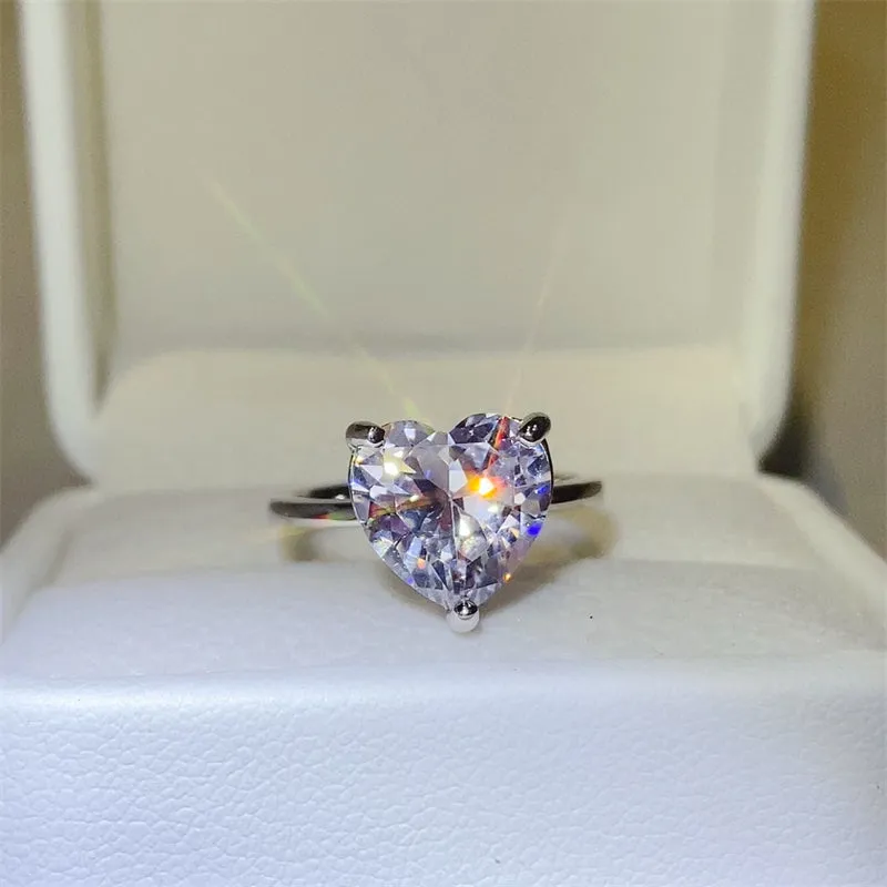 925 Sterling Silver Jewelry 5 Carat 925 Sterling Silver Moissanite Heart Shape Ring