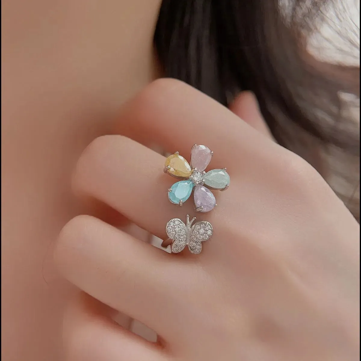 925 Sterling Silver Jewelry 925 Sterling Silver Inlaid Zircon Flower & Butterfly Ring