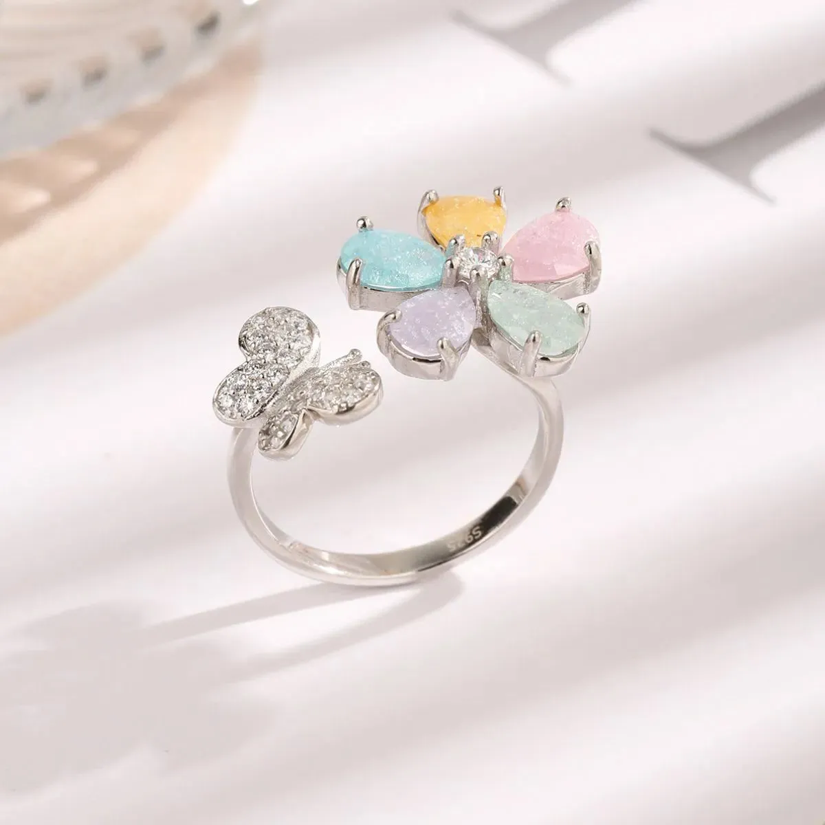 925 Sterling Silver Jewelry 925 Sterling Silver Inlaid Zircon Flower & Butterfly Ring